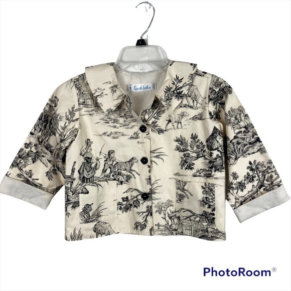 Toddler Girls Cotton Button Front Jacket Size 4T Ivory Black Terricloth - Picture 1 of 6